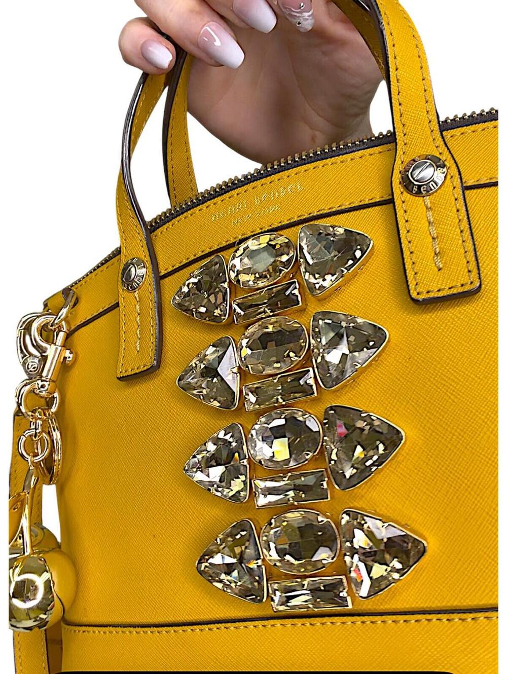 Henri Bendel Rare West 57th Crystal Satchel Crossbody Yellow Saffiano Leather - Picture 7 of 9